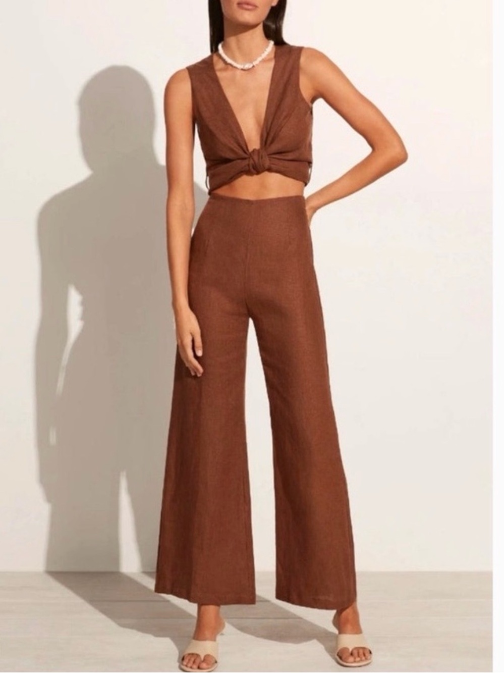 Faithfull the Brand Linen Brown Ottavio Wide-Leg Pant Desitha Wrap Top Set